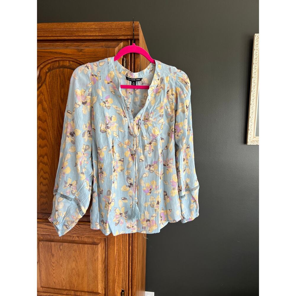 Zac & Rachel Woman Floral Crinkle Blouse 2X Light Blue Boho Long Sleeve‎ Tie